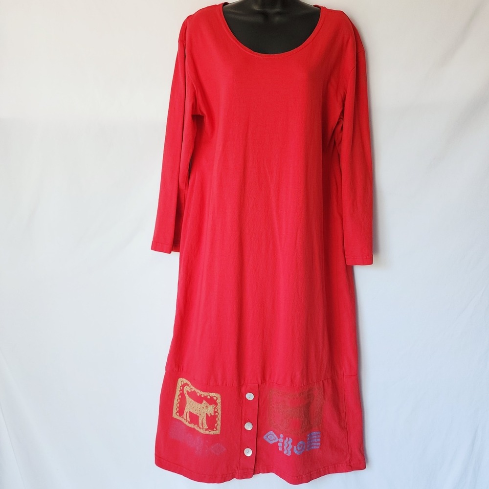 Vintage Blue Cactus Red Abstract Maxi Dress‎ Medium Cotton Boho Equestrian 90s